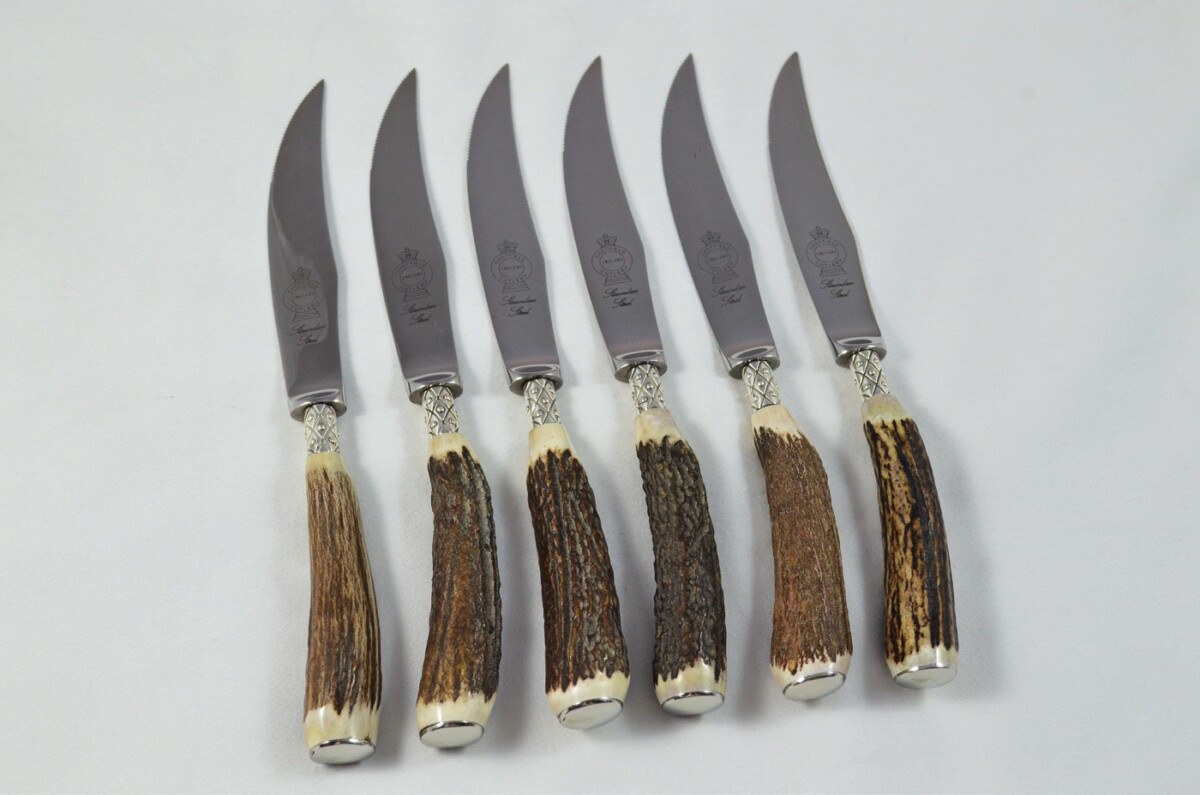 A Set of 6 Sheffield Silver Ferruled Steak Knives with Red Deer Stag Antler Handles – Wooden Presentation Case - Image 4