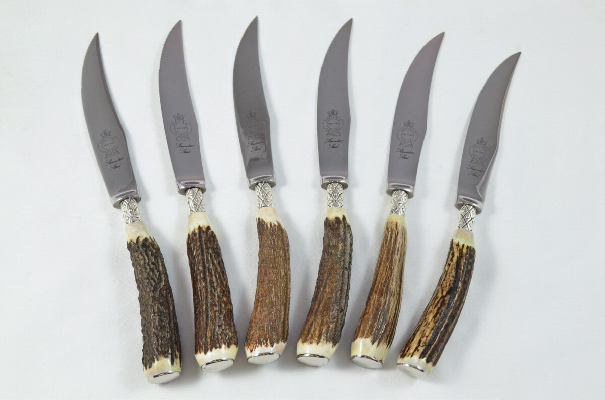 A Set of 6 Sheffield Silver Ferruled Steak Knives & Forks with Red Deer Stag Antler Handles - Image 4