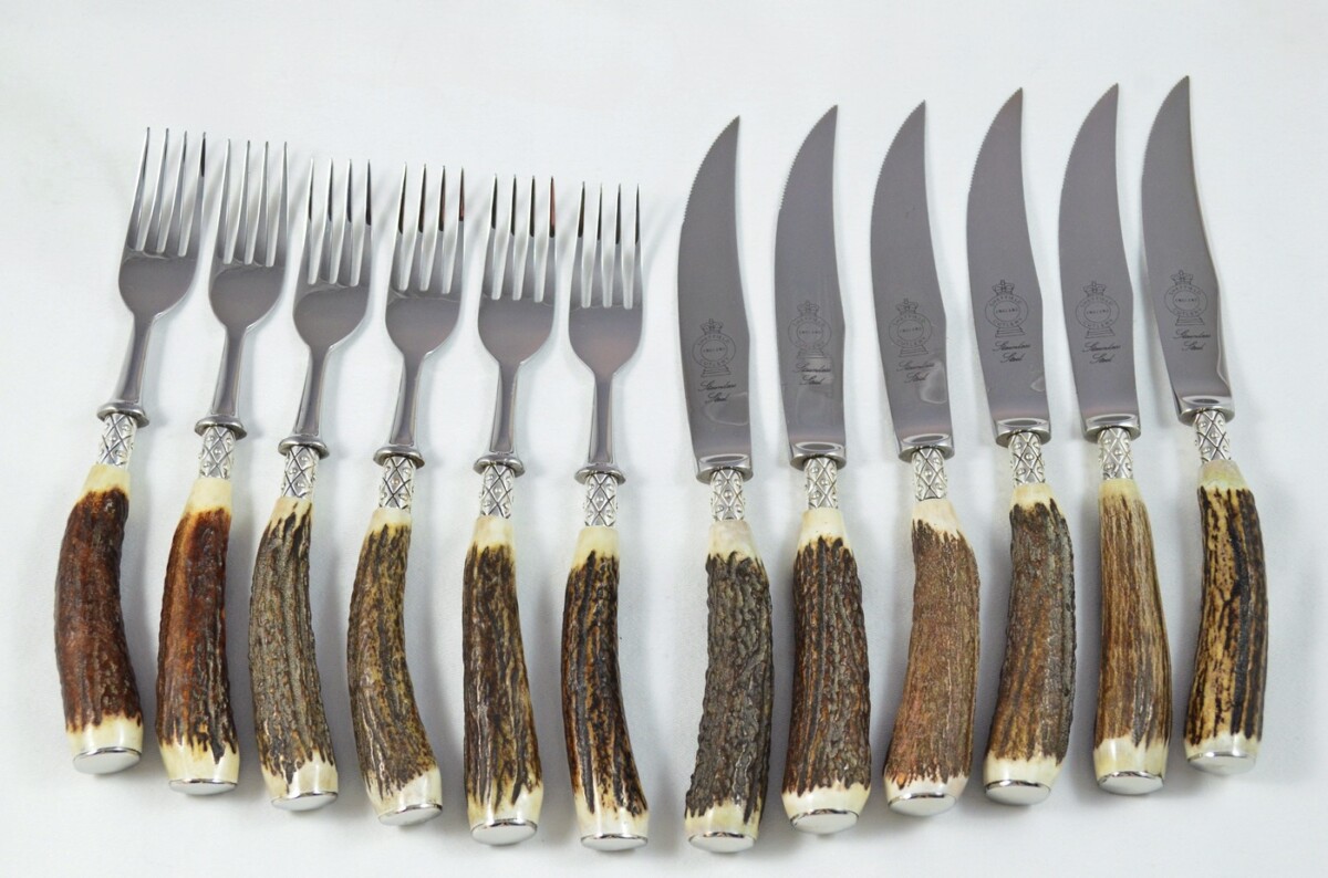 A Set of 6 Sheffield Silver Ferruled Steak Knives & Forks with Red Deer Stag Antler Handles