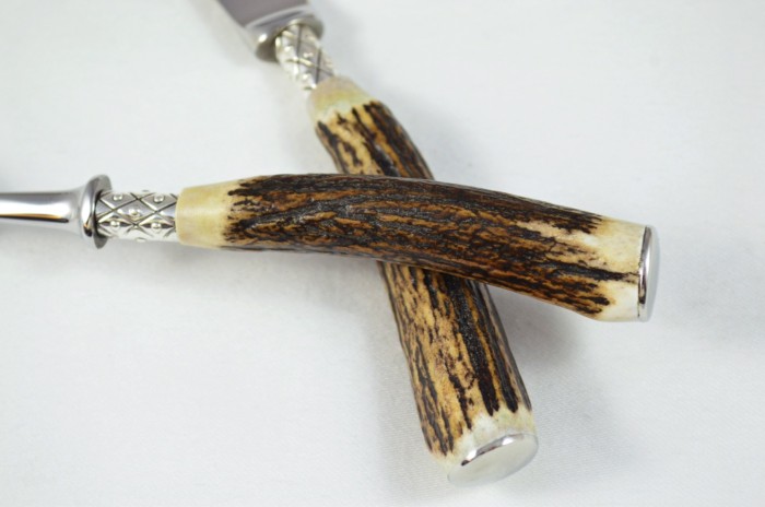 A Set of 6 Sheffield Silver Ferruled Steak Knives & Forks with Red Deer Stag Antler Handles – Wooden Presentation Case - Image 11