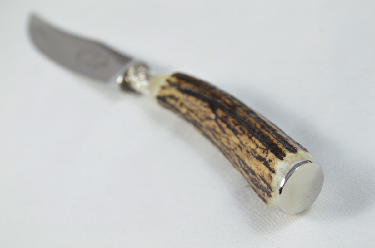 A Set of 12 Sheffield Silver Ferruled Steak Knives with Red Deer Stag Antler Handles - Image 7