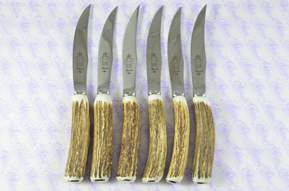 Brand New Six Hump Back Genuine Stag/Antler Handle Steak Knives Made in Sheffield England
