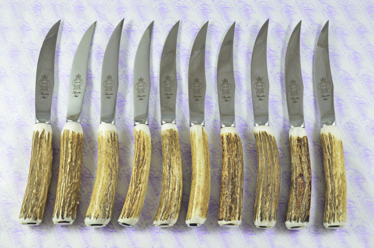 Brand New Ten Hump Back Genuine Stag/Antler Handle Steak Knives Made in Sheffield England