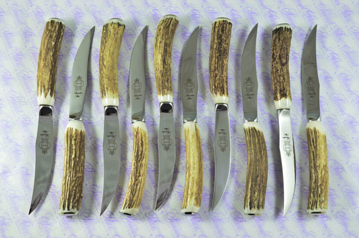 Brand New Ten Hump Back Genuine Stag/Antler Handle Steak Knives Made in Sheffield England - Image 2