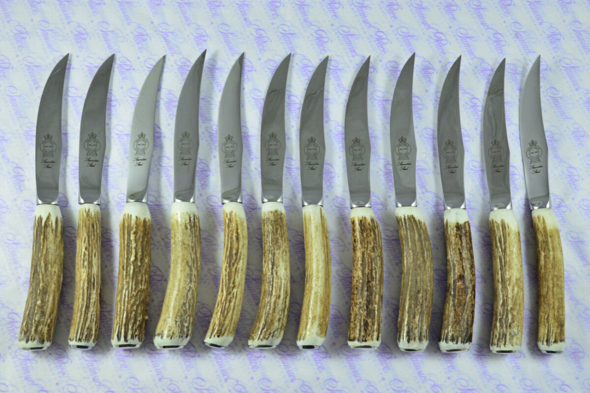 Brand New Twelve Hump Back Genuine Stag/Antler Handle Steak Knives Made in Sheffield England