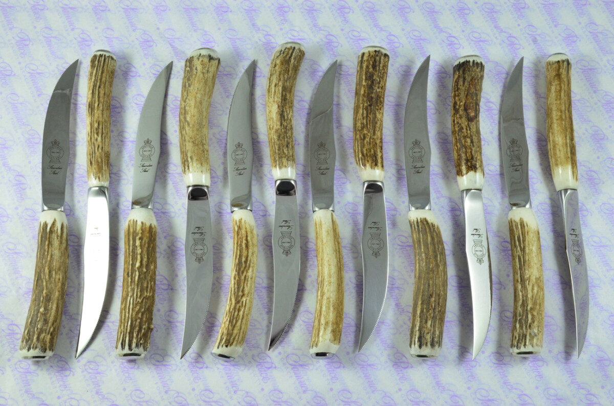 Brand New Twelve Hump Back Genuine Stag/Antler Handle Steak Knives Made in Sheffield England - Image 2