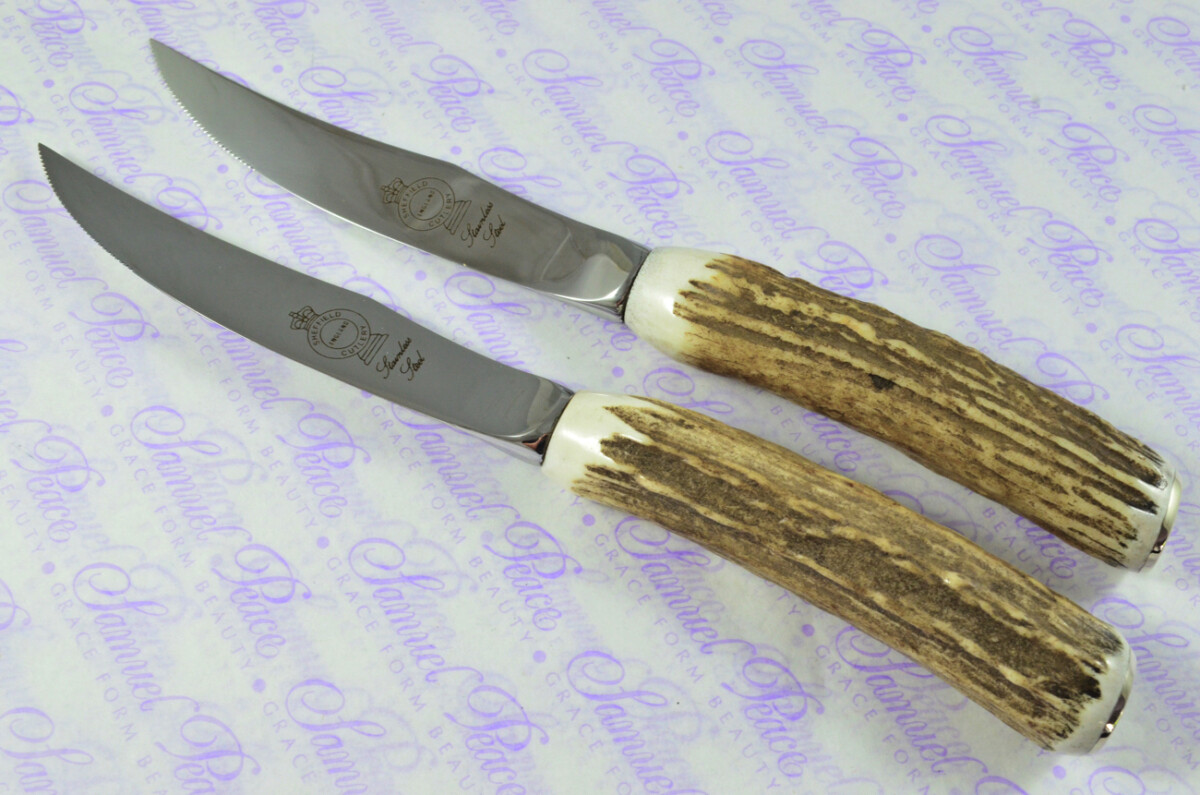 Brand New Two Hump Back Genuine Stag/Antler Handle Steak Knives Made in Sheffield England