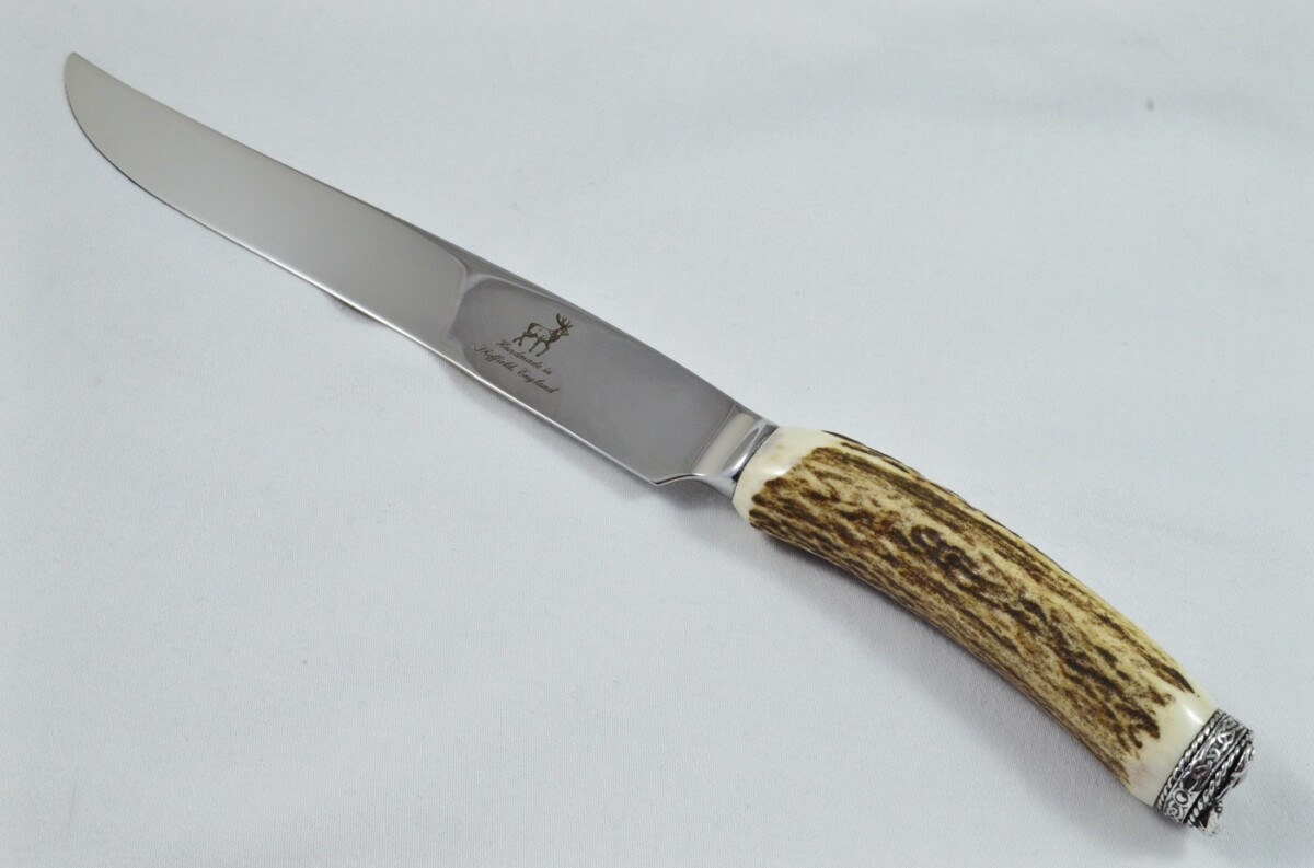 A Genuine Stag Antler Handled Pewter Capped Carving Knife Made In Sheffield England