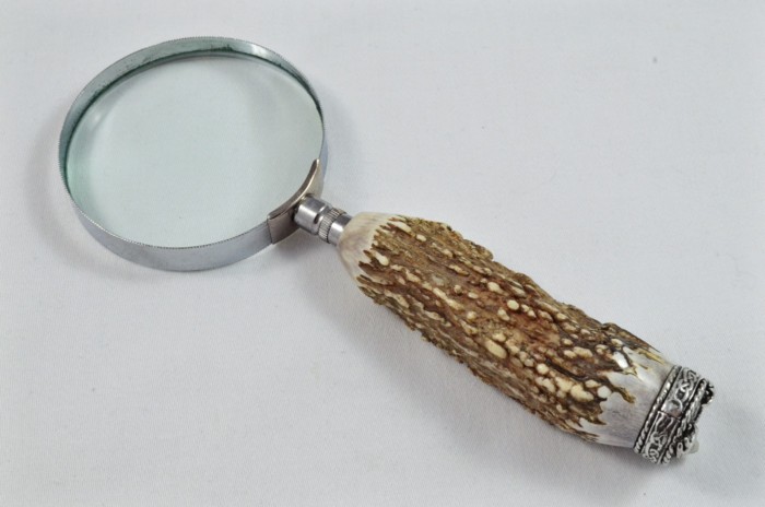A Genuine Stag Antler Handled Pewter Capped Magnifying Glass Made In Sheffield England