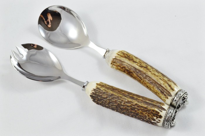 A Genuine Stag Antler Handled Pewter Capped Salad Serving Set Made In Sheffield England