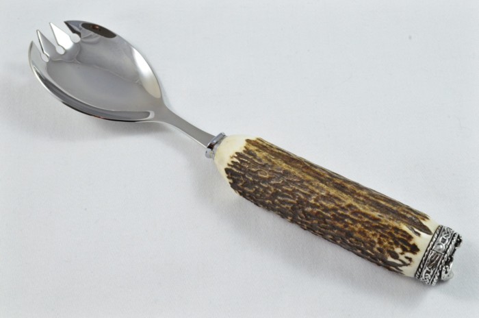 A Genuine Stag Antler Handled Pewter Capped Salad Serving Set Made In Sheffield England - Image 3