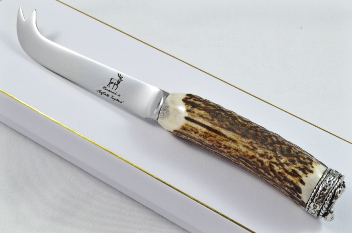 A Genuine Stag Antler Handled Pewter Capped Cheese Knife Made In Sheffield England