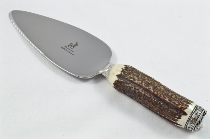 A Genuine Stag Antler Handled Pewter Capped Wedding Cake Knife & Server Set Made In Sheffield England - Image 2