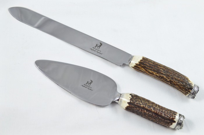 A Genuine Stag Antler Handled Pewter Capped Wedding Cake Knife & Server Set Made In Sheffield England