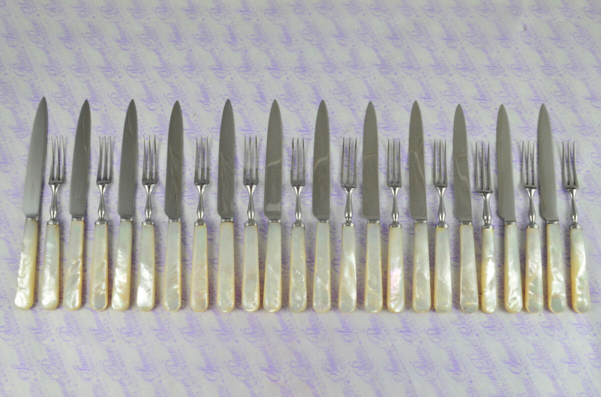 Maple & Co Sheffield Mother of Of Pearl Handled Stainless Steel Set of Fruit 12 Knives & 12 Fruit Forks