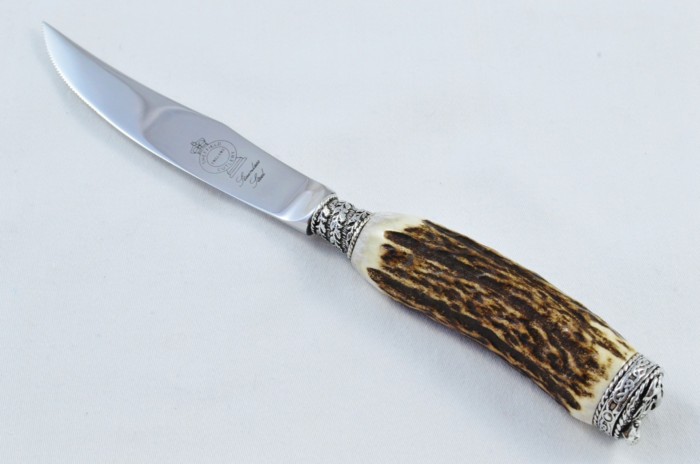 A Genuine Stag Antler Handled Pewter Capped Steak Knife Made In Sheffield England