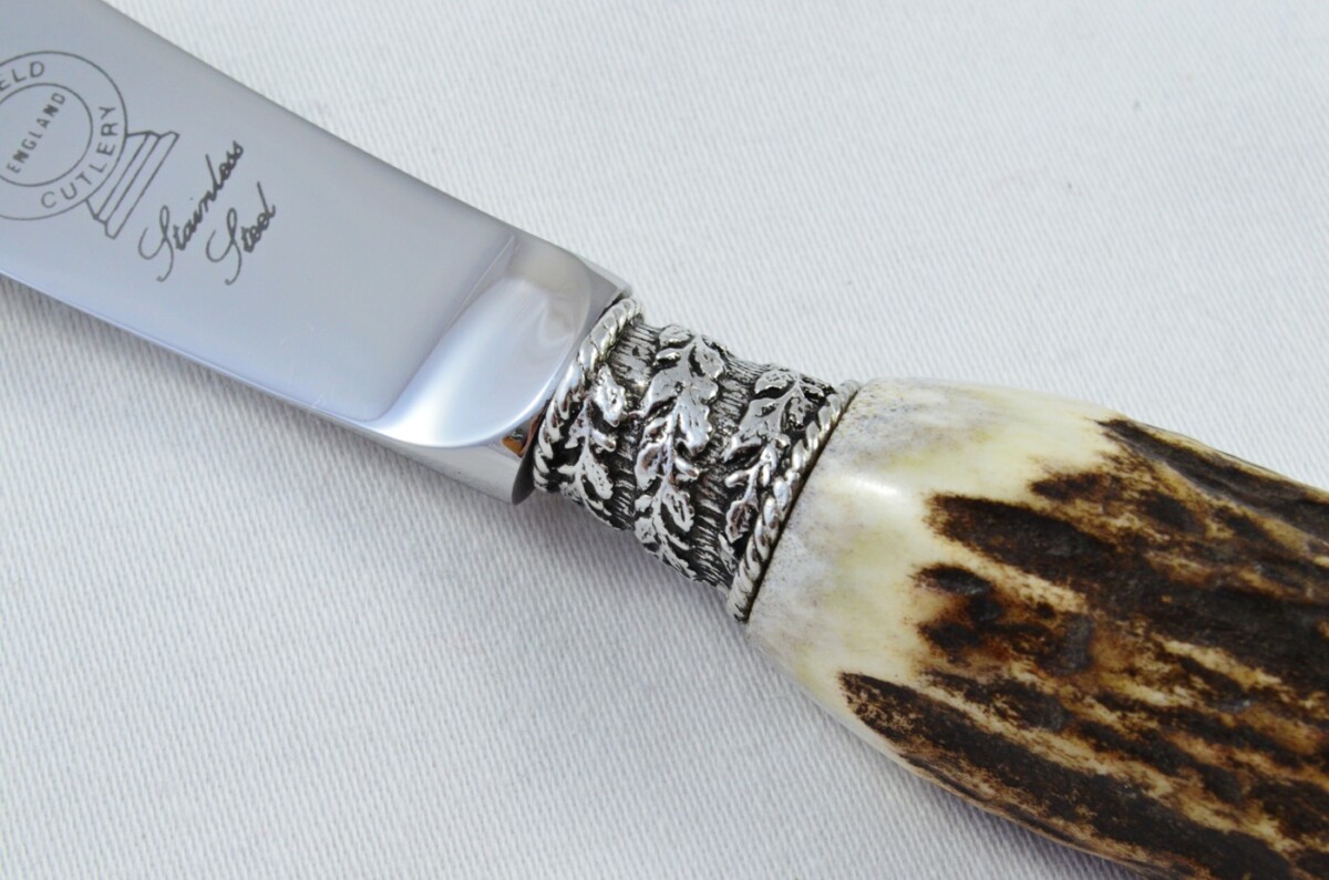 A Genuine Stag Antler Handled Pewter Capped Steak Knife Made In Sheffield England - Image 3