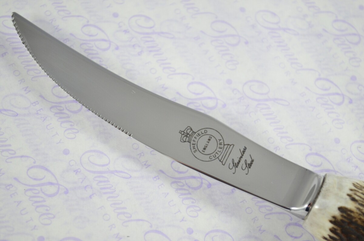 A Set of Six New Hump Back Genuine Stag/Antler Handle Steak Knives Made Sheffield England Boxed - Image 5