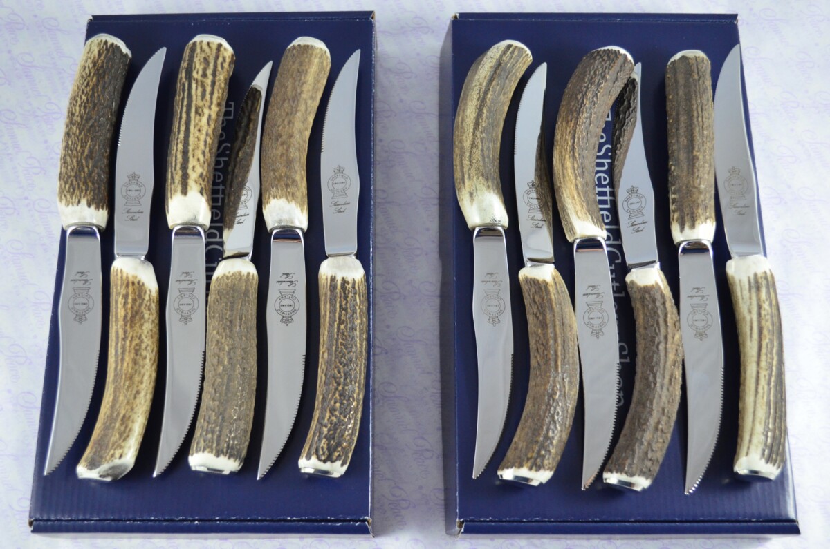 Twelve New Hump Back Genuine Stag/Antler Handle Steak Knives Made Sheffield England Boxed