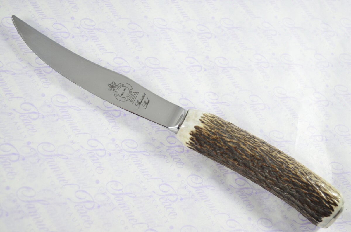 A Set of Six New Hump Back Genuine Stag/Antler Handle Steak Knives Made Sheffield England Boxed - Image 3