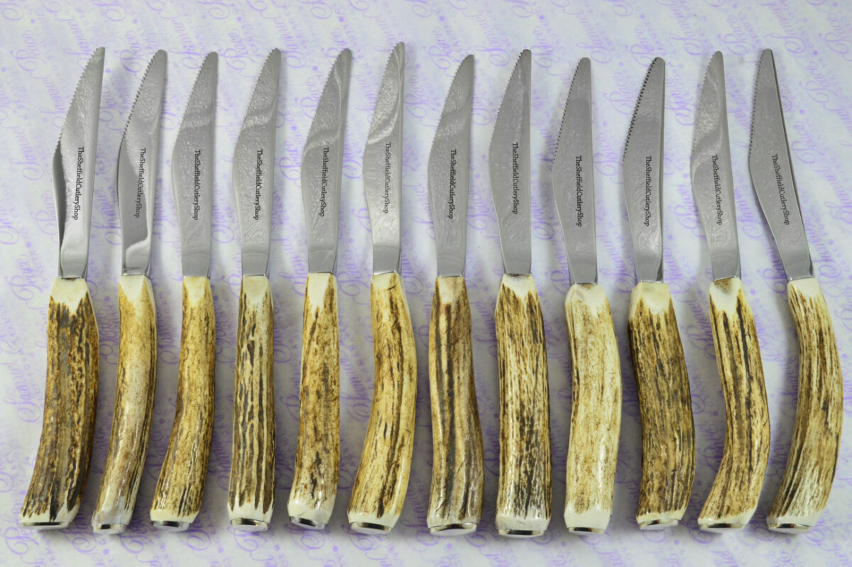 Coarse Serrate Twelve Genuine Stag/Antler Handle Steak/Bistro/Grill Knife Made Sheffield England Cased - Image 10