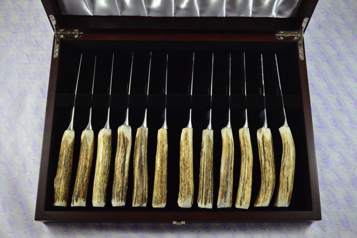 Coarse Serrate Twelve Genuine Stag/Antler Handle Steak/Bistro/Grill Knife Made Sheffield England Cased - Image 14