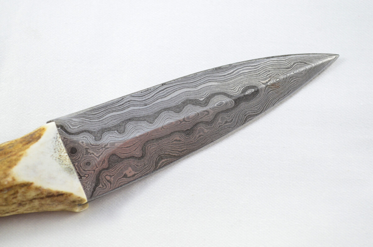 A Fantastic Genuine Stag Horn Full Tyne Handle Double Edge Bladed Damascus Steel Sgian Dubh Made in Sheffield England - Image 2