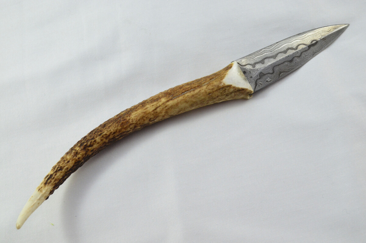 A Fantastic Genuine Stag Horn Full Tyne Handle Double Edge Bladed Damascus Steel Sgian Dubh Made in Sheffield England - Image 4
