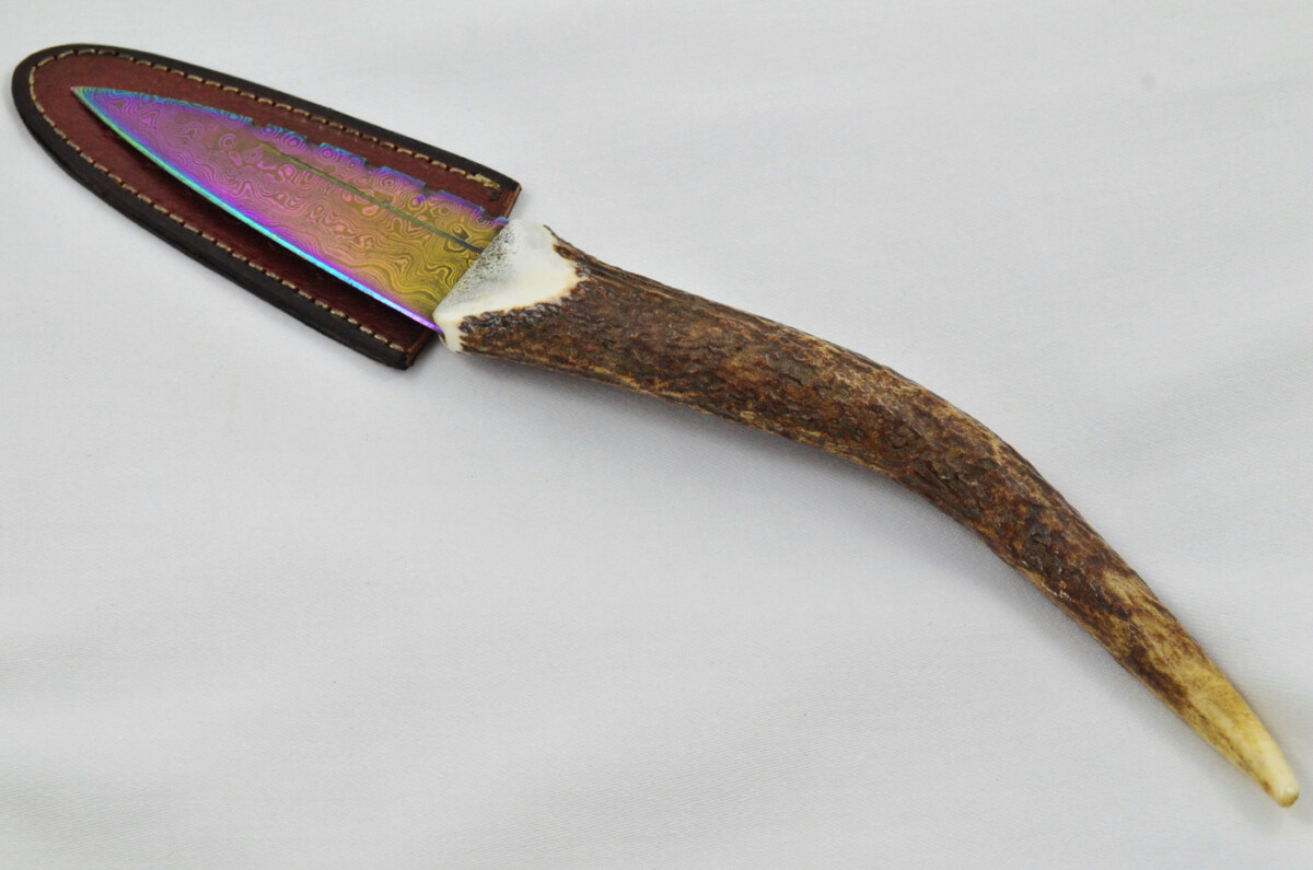 A Fantastic Genuine Stag Horn Full Tyne Handle Heat Treated Damascus Steel Sgian Dubh Made in Sheffield England