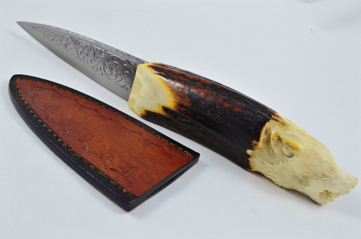 Astonishing Bespoke Hand Carved Wolf Stag Horn Antler Handle Sgian Dubh Hand Engraved Blade Sheffield England