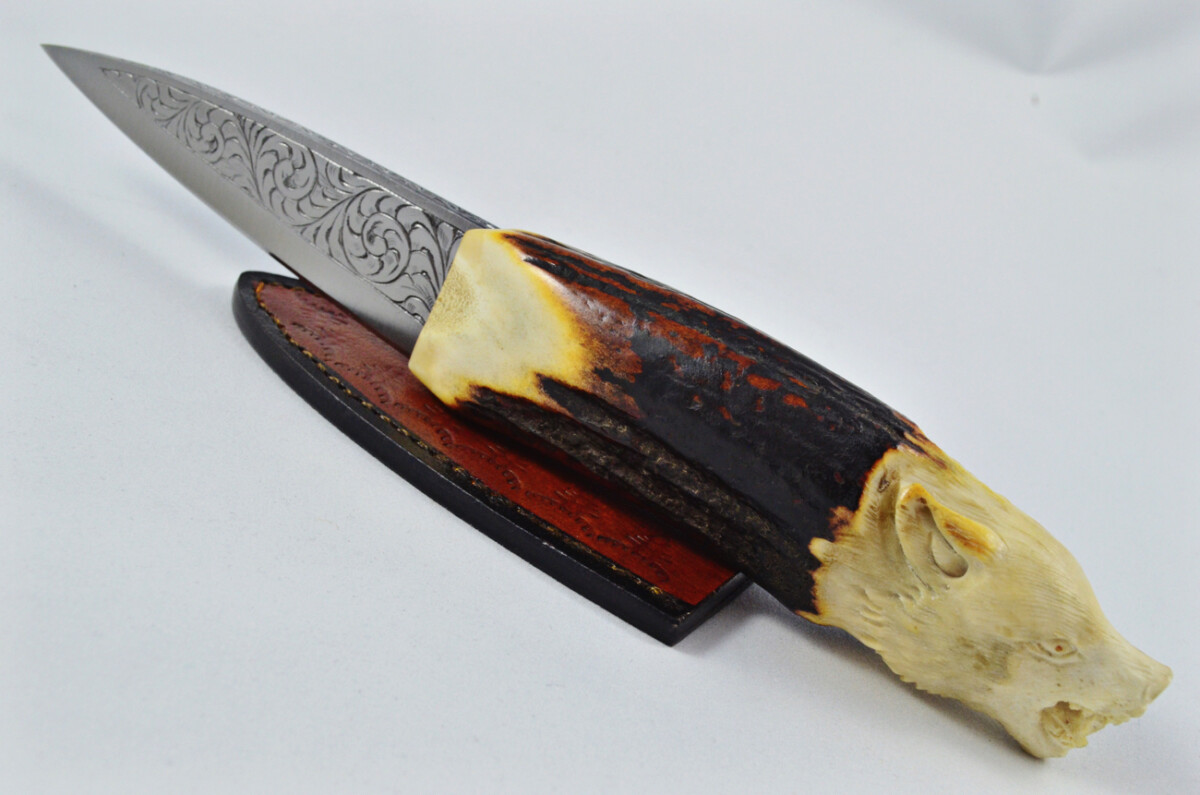 Astonishing Bespoke Hand Carved Wolf Stag Horn Antler Handle Sgian Dubh Hand Engraved Blade Sheffield England - Image 14