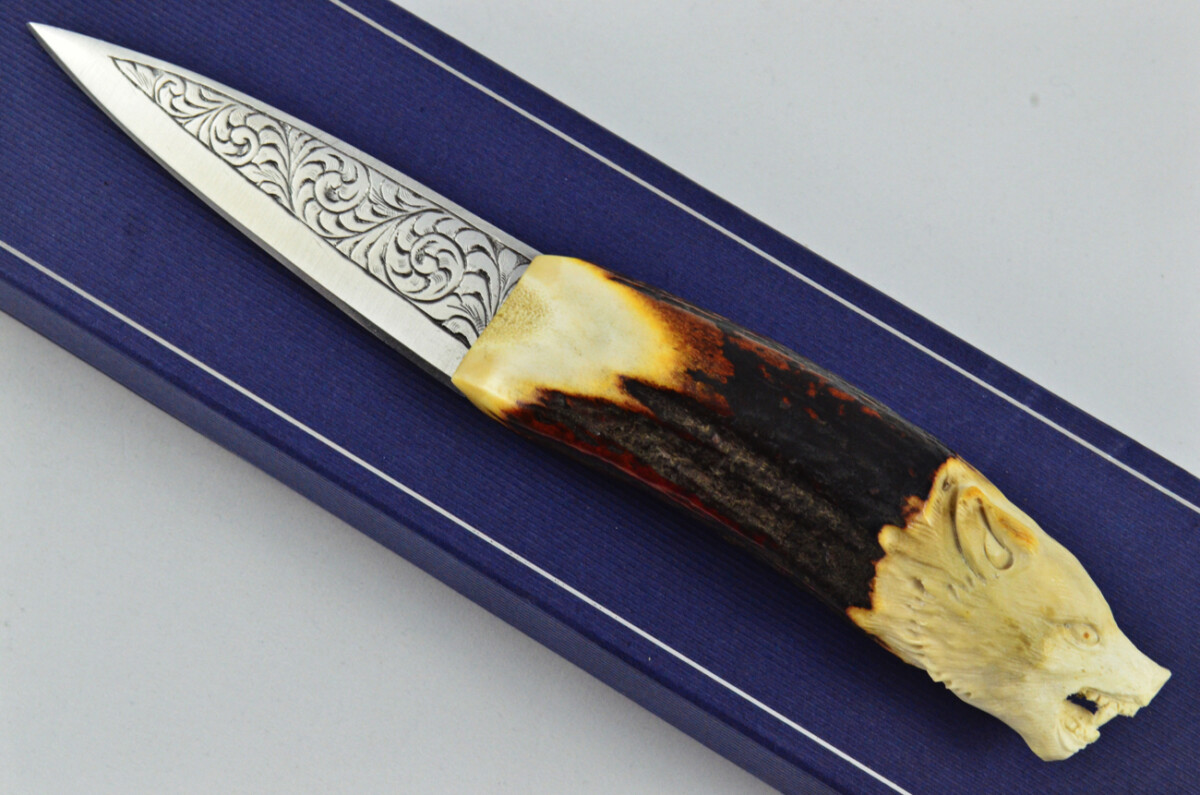 Astonishing Bespoke Hand Carved Wolf Stag Horn Antler Handle Sgian Dubh Hand Engraved Blade Sheffield England - Image 15