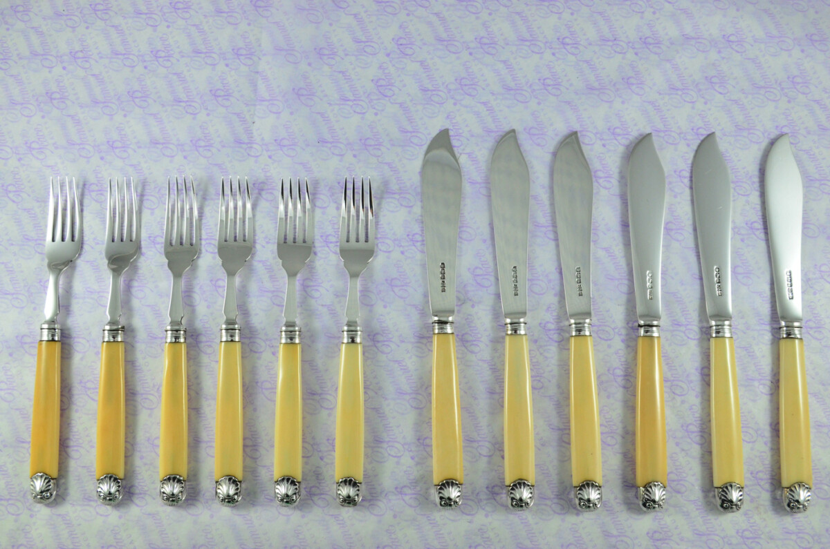 James Dixon & Sons Sheffield Sterling Silver Bladed, Capped & Ferruled Set of Fish Knives & Forks 1924
