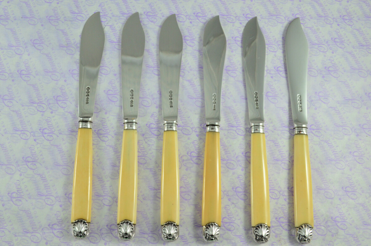 James Dixon & Sons Sheffield Sterling Silver Bladed, Capped & Ferruled Set of Fish Knives & Forks 1924 - Image 9