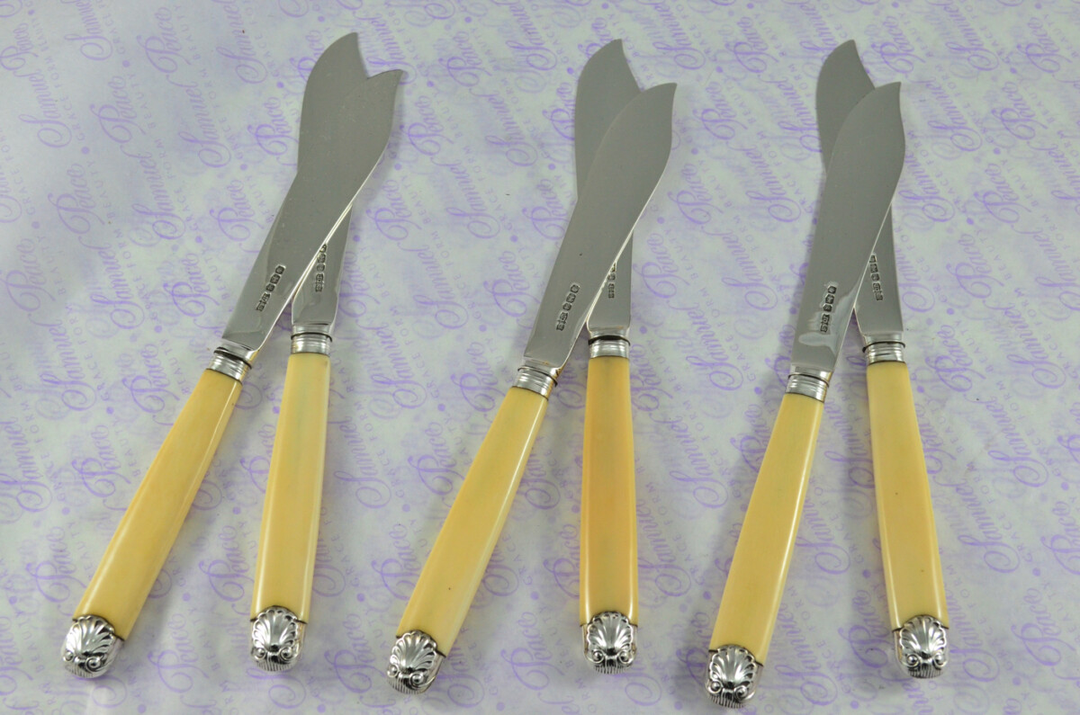 James Dixon & Sons Sheffield Sterling Silver Bladed, Capped & Ferruled Set of Fish Knives & Forks 1924 - Image 7