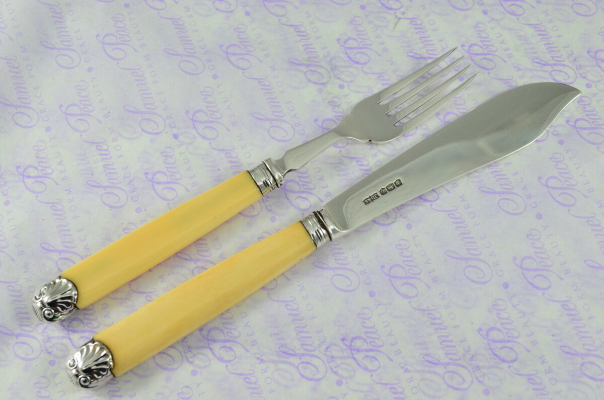 James Dixon & Sons Sheffield Sterling Silver Bladed, Capped & Ferruled Set of Fish Knives & Forks 1924 - Image 11