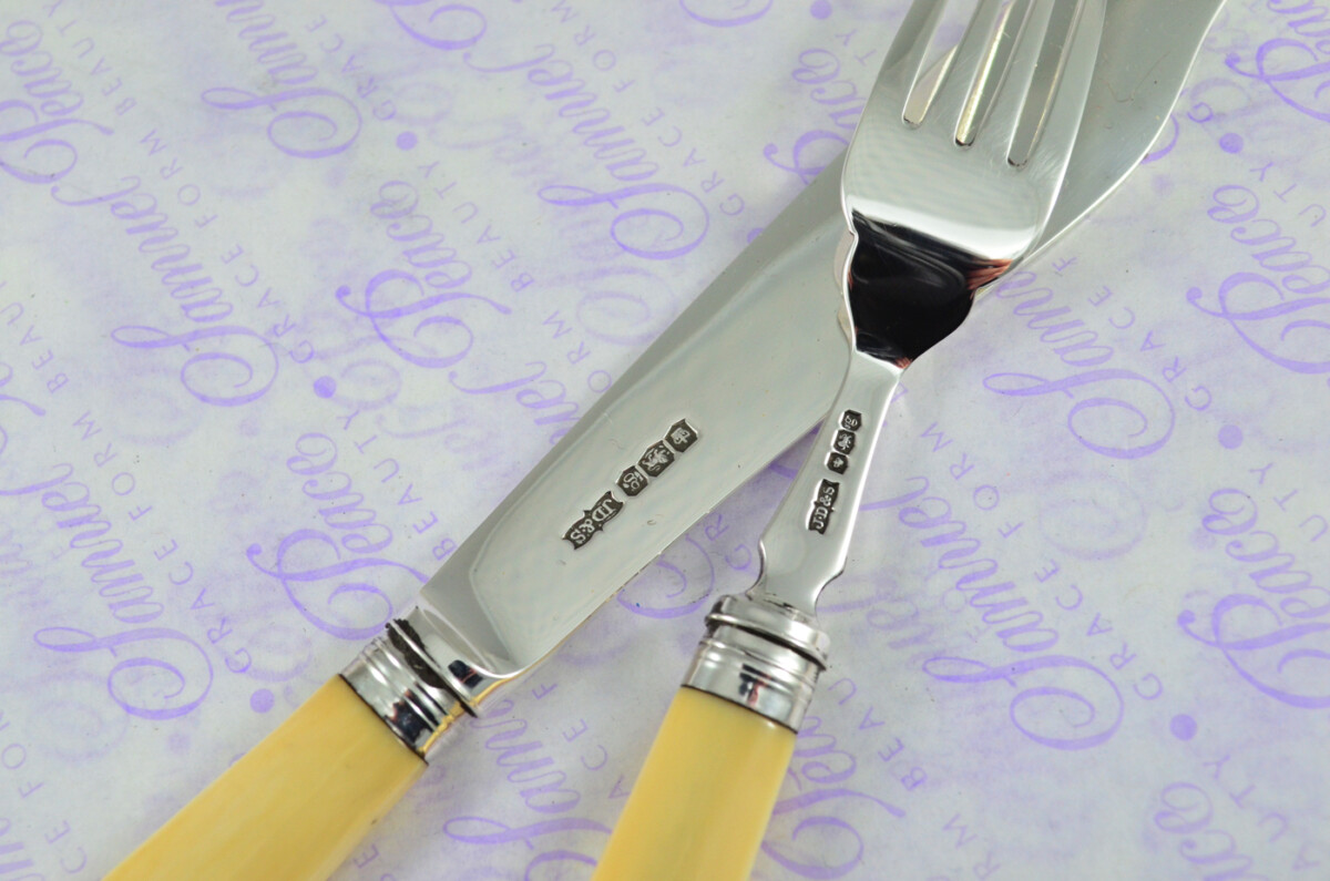 James Dixon & Sons Sheffield Sterling Silver Bladed, Capped & Ferruled Set of Fish Knives & Forks 1924 - Image 10
