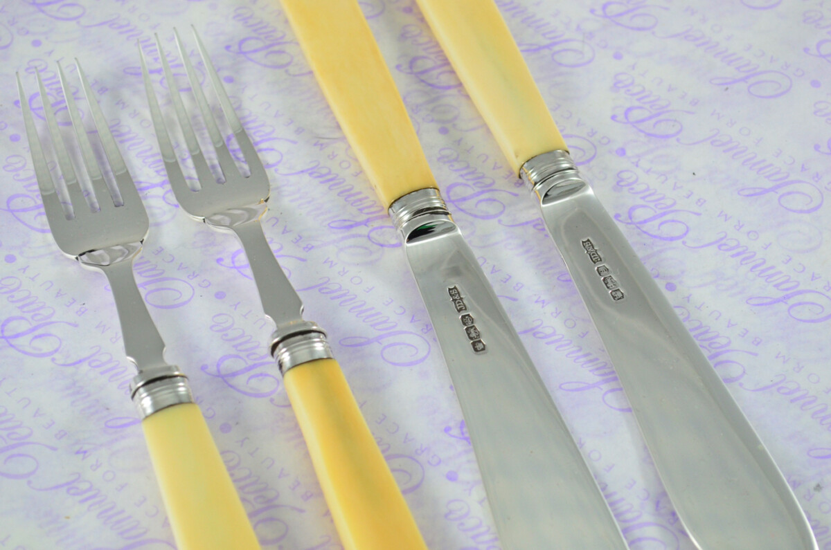 James Dixon & Sons Sheffield Sterling Silver Bladed, Capped & Ferruled Set of Fish Knives & Forks 1924 - Image 6