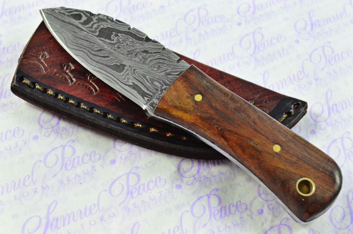 Knife Making Kit! Fantastic Damascus Steel Tiny Hunting/Bushcraft Knife Olive Wood Scales Unbelievable Piece Pristine inc Leather Sheath - Image 10