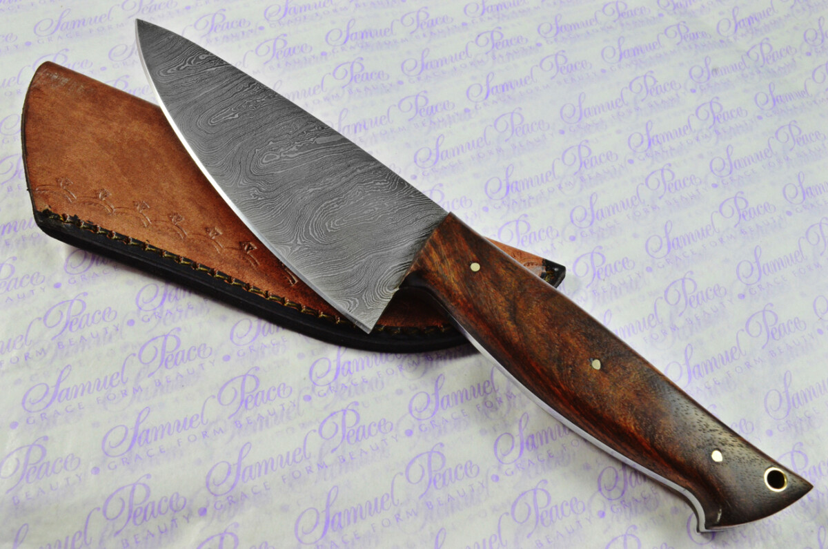 Kitchen Knife Making Kit! Fantastic Damascus Steel Chopping Knife Olive Wood Scales Unbelievable Piece Pristine Leather Sheath - Image 9