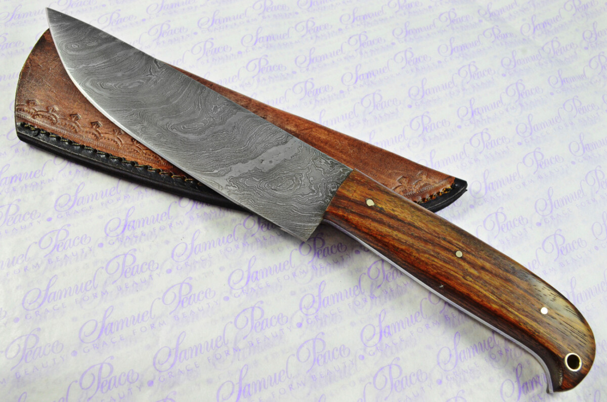 Kitchen Knife Making Kit! Fantastic Damascus Steel Chef's Knife Olive Wood Scales with Leather Sheath - Image 9