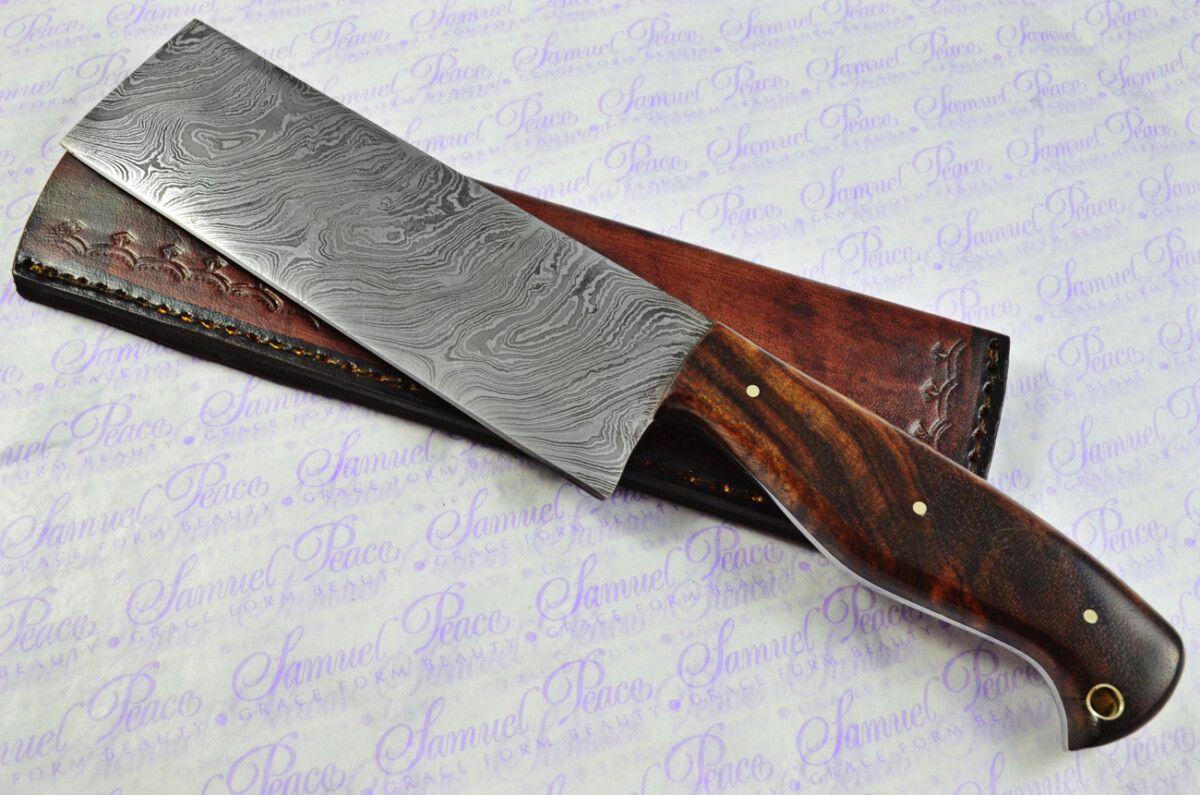 Kitchen Knife Making Kit!  Fantastic Damascus Steel Cleaver Knife Olive Wood Scales Unbelievable Piece Pristine Leather Sheath - Image 9