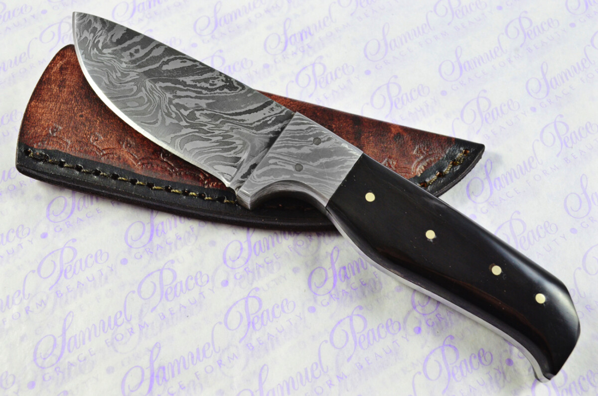 Knife Making Kit! Damascus Steel Utility Knife Buffalo Scales Damascus Bolster inc Leather Sheath - Image 9