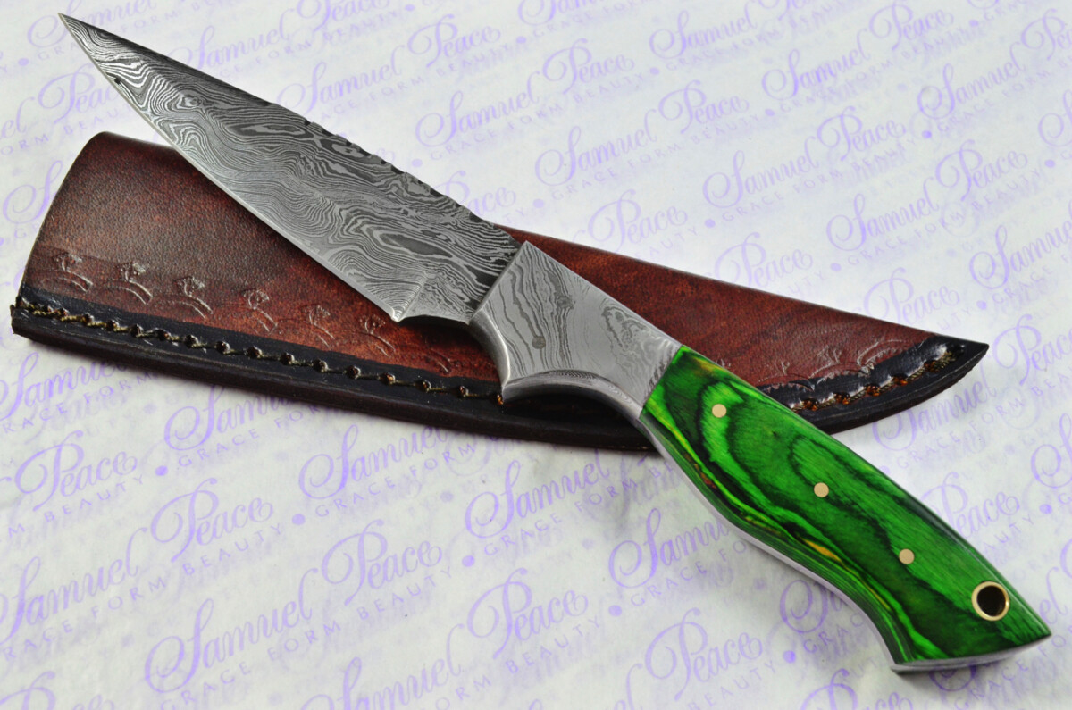 Knife Making Kit! Damascus Steel Skinning Knife Blue Laminate Wood Scales Damascus Bolster inc Leather Sheath - Image 9