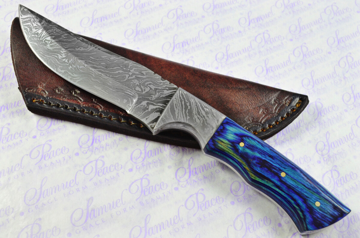 Knife Making Kit! Damascus Steel Bowie Knife Green Laminate Wood Scales Damascus Bolster inc Leather Sheath - Image 9