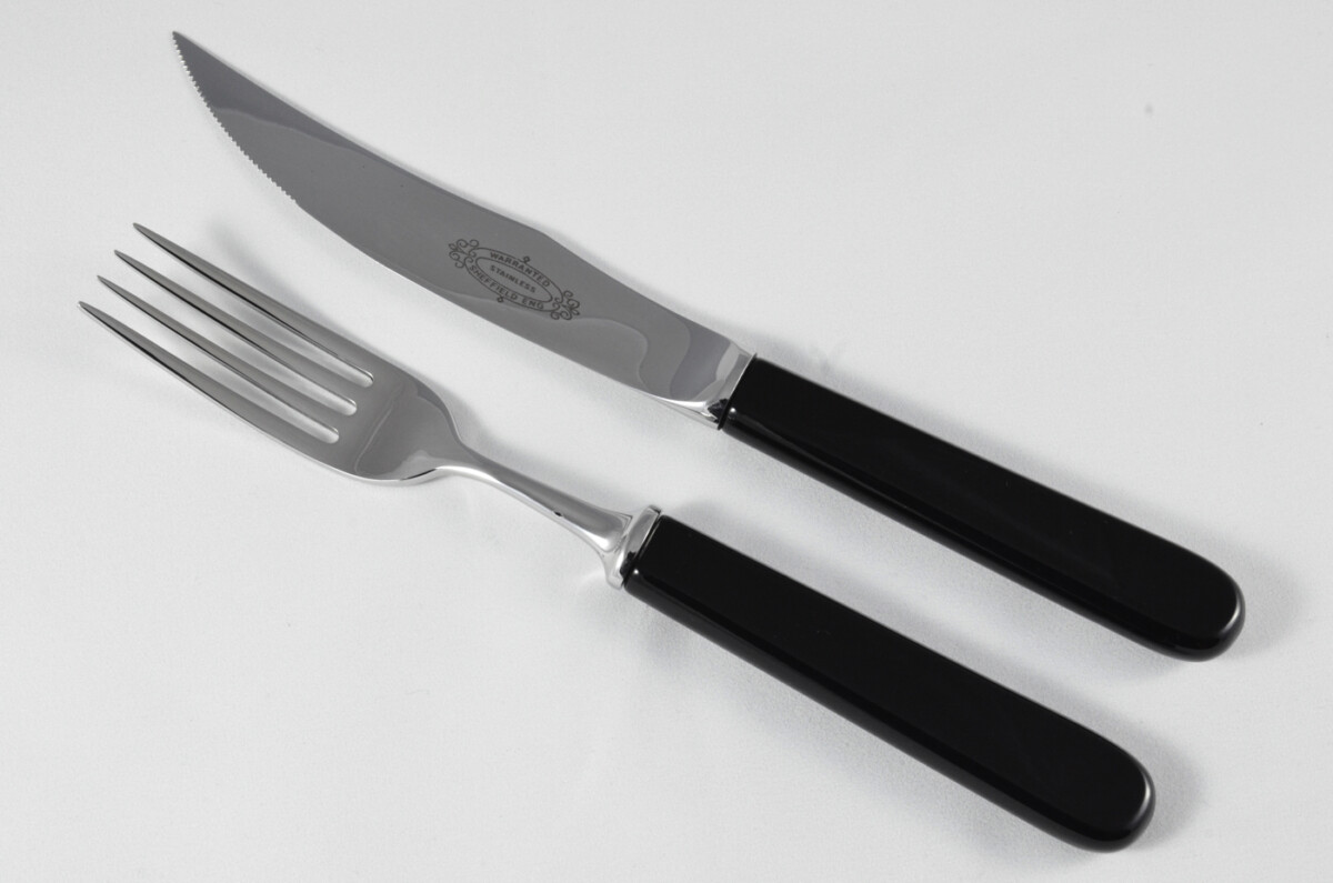 New Fantastic Genuine Black Handle Steak Knife & Fork Mirrored Finish Made In Sheffield England