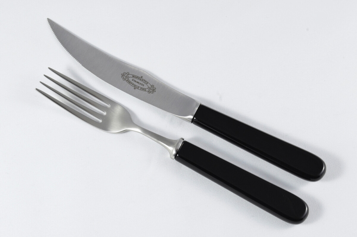 New Fantastic Genuine Black Handle Steak Knife & Fork Brushed Finish Made In Sheffield England