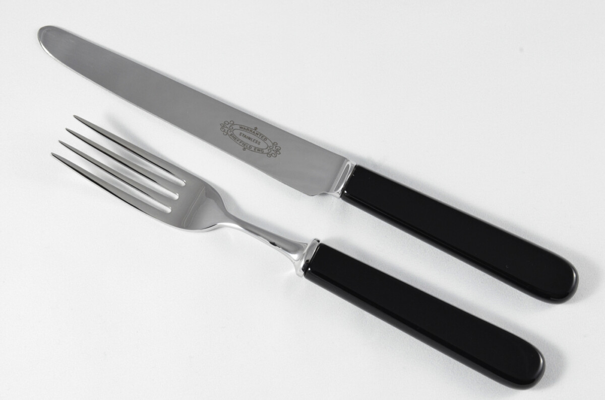 New Fantastic Genuine Black Handle Table Knife & Fork Mirrored Finish Made In Sheffield England