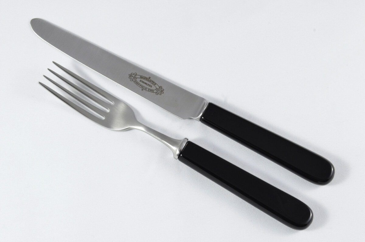New Fantastic Genuine Black Handle Table Knife & Fork Brushed Finish Made In Sheffield England